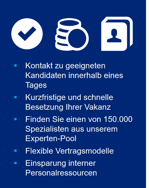Left: Money, contact details, and tick icon in white on a blue background. Right centre: White text with cyan bullet points: Contact with suitable candidates within one day. Fill your vacancy quickly and at short notice. Find one of 150,000 specialists from our pool of experts. Flexible contract models. Saving of internal personnel resources.